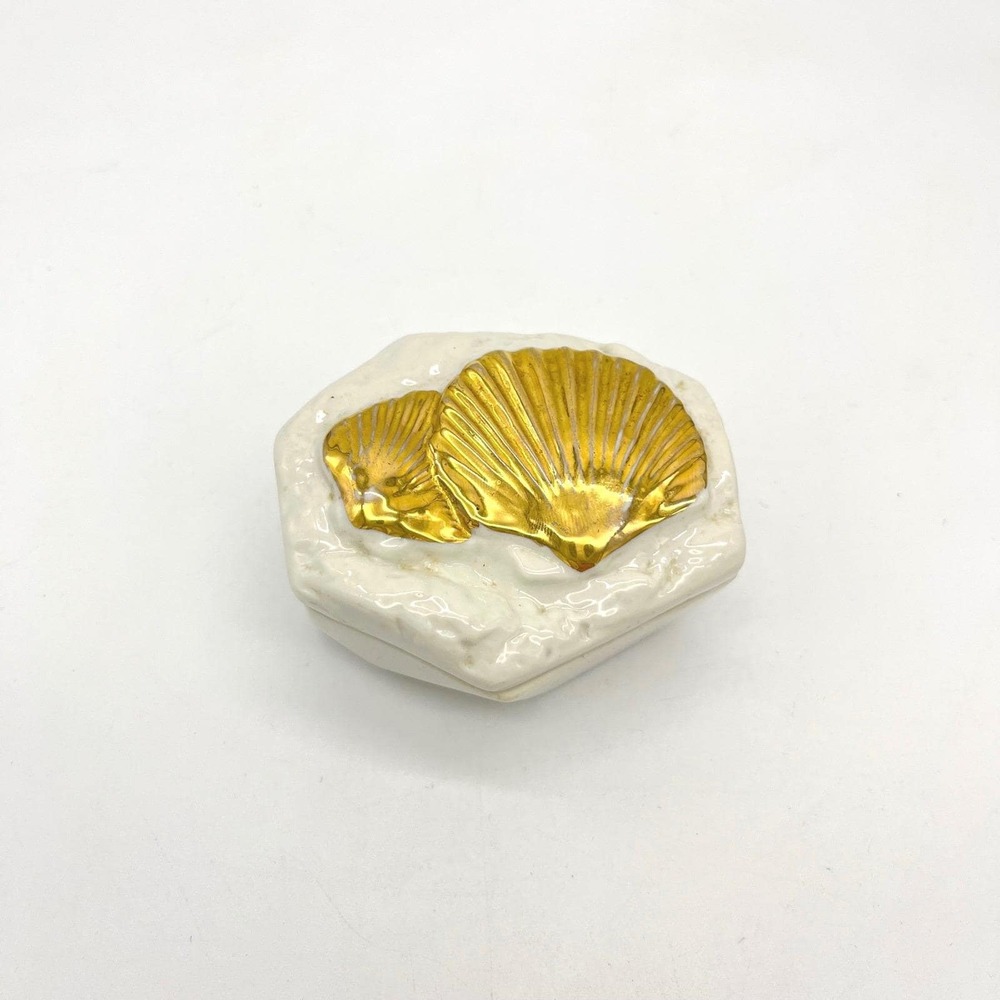 Vintage Gold Shell Ceramic Trinket Box White Hexagon Coastal Jewelry Dish